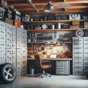 Garage Office Design Ideas with large metal file cabinets to store auto parts-2